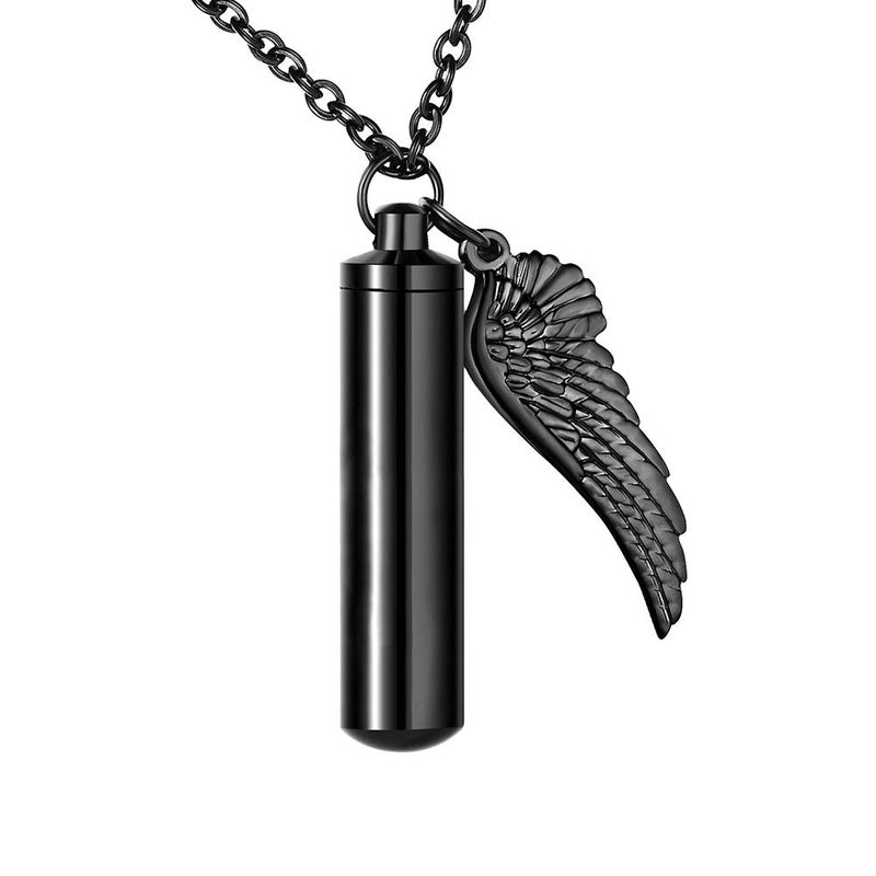 Dletay Cylinder Cremation Urn Necklace for Ashes Memorial Keepsake Pendant with Angel Wing Stainless Steel Remembrance Jewelry(Black) - Image 1